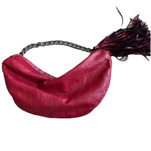 Y2K 90s Red Croc Leather Baguette Shoulder Bag Handbag Purse Lightweight ‎ Zip